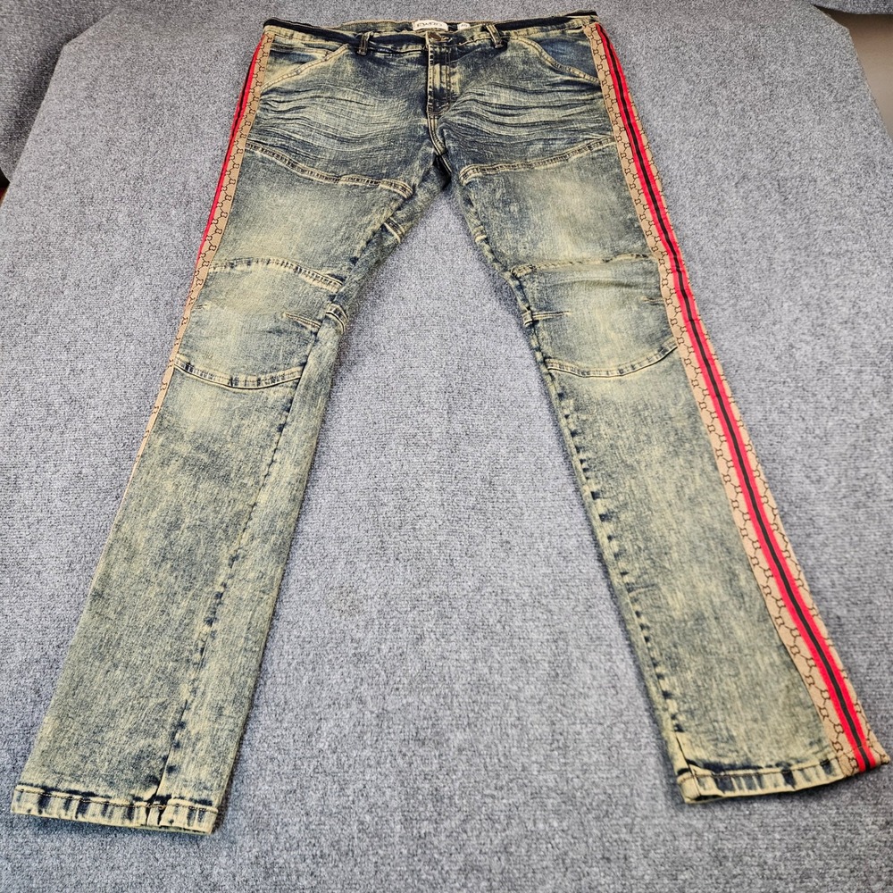 FWRD Denim Mens 40x34 Acid Wash Moto Jeans Side Tape Stripe‎ Slim Fit Streetwear
